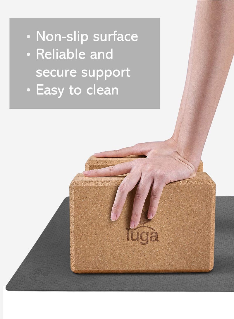 IUGA Yoga Blocks 2 Pack With Strap Non Slip High Density 9"x6"x3" Solid & Cork Yoga Block With Yoga Strap to Improve Strength Balance for Yoga Pilates Meditation - Image 5